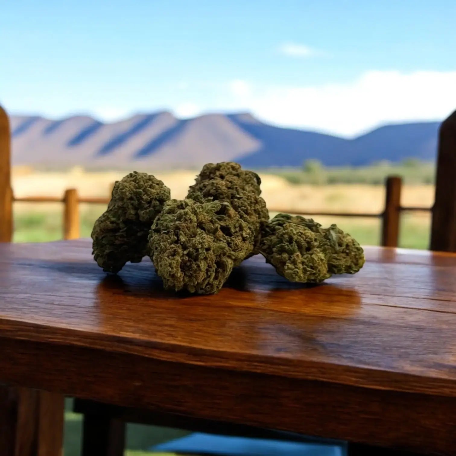 Fleurs de CBD sur une table en bois sur fond de nature