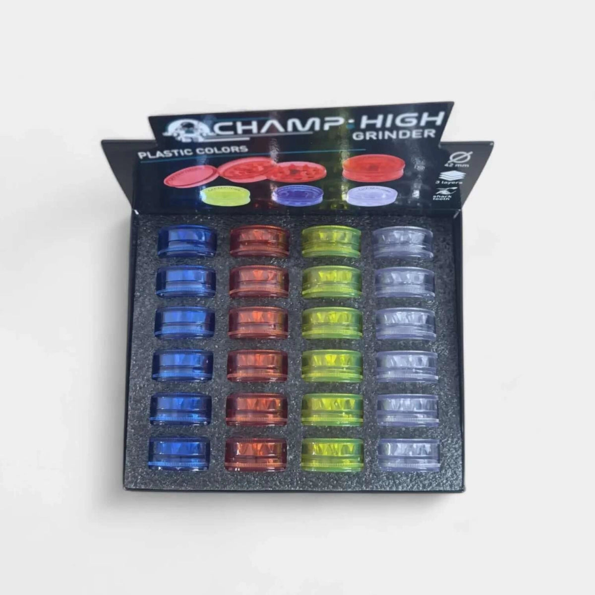 Lot de 24 Grinders Champ High - Plastique 42mm 3 parties (en gros) - Popeye Club